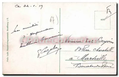 Hagenau i.É. — widok z lotu ptaka miasta z kościołem i budynkiem publicznym — wydane przez Felix Luhb, Kunstverlagsanstalt, Strasbourg — Rewers