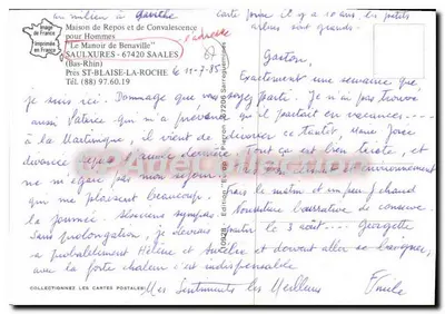 Półnowoczesna pocztówka Manoir de Benaville Saulxures SAALES blisko St-blaise-la roche Dom odpoczynku i Odbudowy dla Mężczyzn — Rewers