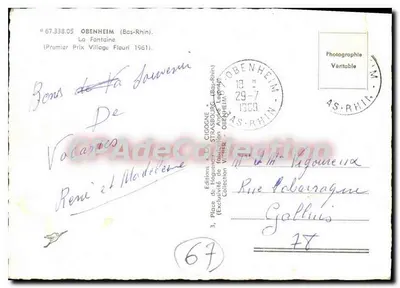 Obenheim (Bas-Rhin) — A Fonte (Primeiro Prêmio Aldeia Florida 1961) — Éditions de Haugency, Strasbourg — Verso
