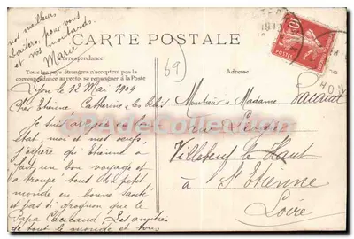 Ein Gedanke aus Lyon — dekorative Karte in Form einer violetten Blüte mit sechs Vignetten von Sehenswürdigkeiten in Lyon — Verlag nicht sichtbar — Rückseite