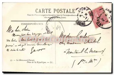Place de la République — Monument Carnot — Souvenir de Lyon — Verso