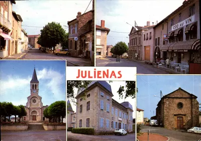 Julienas — vista da cidade com igreja, rua e café — Edições Cellard