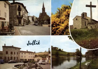 Jullié — vista da cidade, igreja, cruz, flores e rio — Edições J. Cellard
