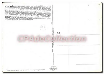 Rhone — N° 69 — Antieke ansichtkaart met kaart, personages en lokale producten — Achterkant