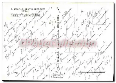 Chazay-d'Azergues — vista geral com o C.E.S. e a Sala Polivalente — Éd. J. CÉLARD, 69500 Bron — Verso