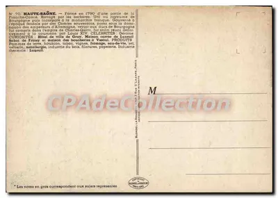 Haute-Saône — Carte postal ilustrada com mapa, monumentos e indústria — J.P. Pinchon — Verso