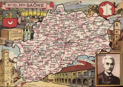 Haute-Saône — Carte postale illustrée avec carte, produits locaux et portrait — Blondel La Rouge, Paris, n°70