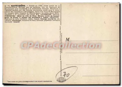Haute-Saône — Carte postale illustrée avec carte, produits locaux et portrait — Blondel La Rouge, Paris, n°70 — Verso