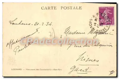 Louhans — Monument dos Combatentes (1870-1871) — Edição Bey — Verso
