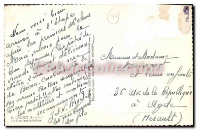Port na Saônie — widok rzeki z łodzią i mostem — Drukarnia BOURGE DES CHALON SUR SAÔNE, nr 6 — Rewers