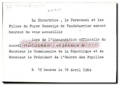 Foyer de Vaudebarrier — oficjalna inauguracja — Stara pocztówka de Collection — Rewers