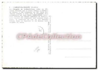 Półnowoczesna pocztówka Farges les Macon Katedra św. Bartolomeusza oddana w 931 roku w zamian za wymianę przez hrabiego Alberika — Rewers