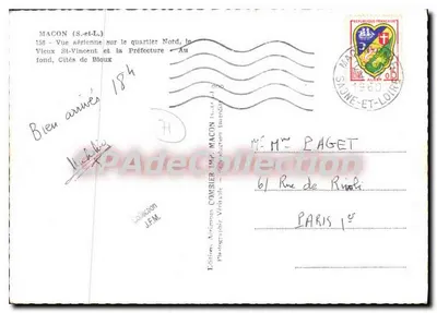 Macon (S.-et-L.) — Vue aérienne sur le quartier Nord, le Vieux St-Vincent et la Préfecture — Au fond, Cités de Bloux — Édition Aviennes Consier Imp. MACON (S.-et-L.) — Verso