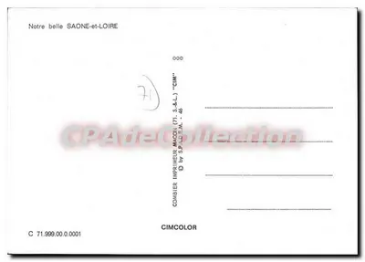 Nasza piękna SAONE-et-LOIRE — Karta pocztowa turystyczna z ilustracjami miast Chalon-sur-Saône, Montceau-les-Mines, Charolles, Louhans, Mâcon i Autun — wydawca CIMCOLOR, numer seryjny 71.999.00.0001 — Rewers