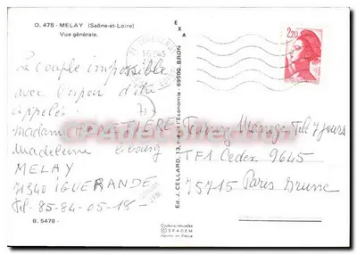 Półnowoczesna pocztówka Melay Saone et Loire Ogólny widok — Rewers