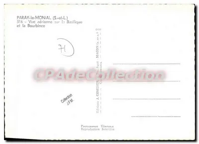 Półnowoczesna pocztówka Paray le Monial S i L Widok z lotu ptaka na Bazylikę i Bourbince — Rewers