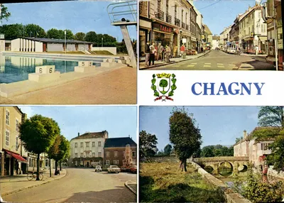 Chagny — vista da piscina, rua comercial, rua pedestre e ponte sobre o canal — Imprimerie Combiére