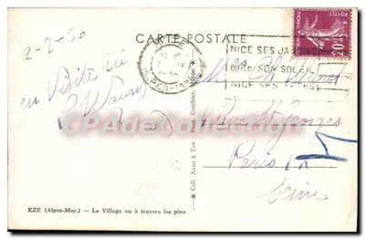 Eze (Alpes-Mar.) — Widok przez sosny — Wydawca Combier — Rewers