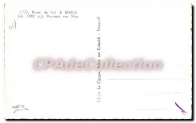 Rodovia do Col de BRAUS — descida para Nice — Edição La Cigogne, rua Grimaldi, Mônaco — Verso