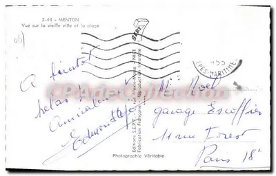Menton — Widok na stary miasteczko i plażę — Wydawnictwo S.E.P.T. - Reprodukcja Francuska — Rewers