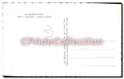 Hotel Gallia — Cannes — Wydawca: Les Éditions de MARIAz, Bd. de Cimiez, Nice — Rewers