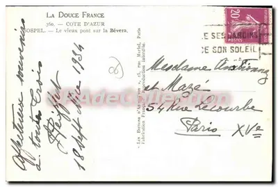 Sospel — Il vecchio ponte sulla Bévera — Cartolina d'epoca 'La Douce France', n°360 — Verso