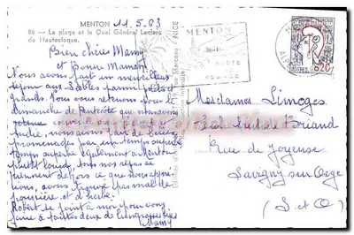 Praia e Calçadão Geral Leclerc em Menton — Edições d'Art Interch. n°86 — Verso