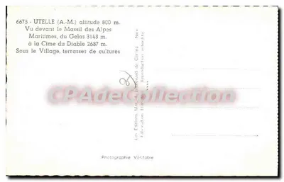 Stara pocztówka Utelle widziana przed maswistem Alp Morskich od Gelas do Cime du Diable pod wsią — Rewers