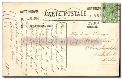 Nottingham — tarjeta postal datada 28 de julio de 1905 — editor desconocido, n° de serie 10.45 PM — Reverso