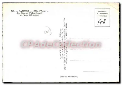 Cannes - Côte-d'Azur — O Casino Palm-Beach e Vista Geral — Editor Greff S.A.R.L. — Verso