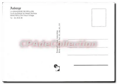 A Braisière de Peillon — Pousada — Bilhete postal antigo de coleção — Verso