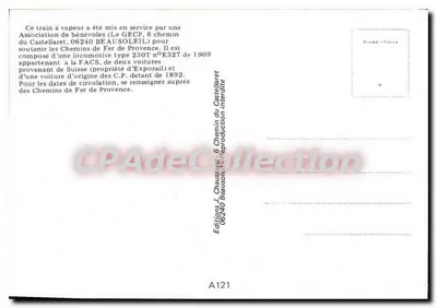Ferrovia della Provenza - Locomotiva del treno a vapore in pressione — E 327 — Edizioni J. Chaussée, 06240 Beausoleil, n° A121 — Verso