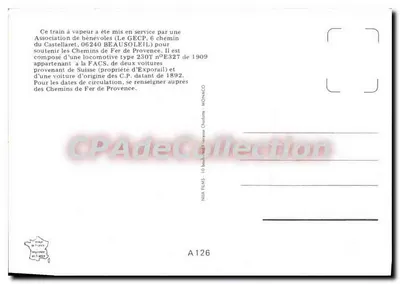 Trem a vapor perto de Saint-Benoit — Chemins de Fer de Provence — editor NUA FILMS, n° A126 — Verso