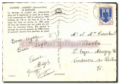 Zamknięcie i kanał w Achères — Seine-et-Oise — wydawca ALFACOLOR, nr 7.499 D — Rewers