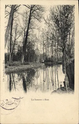 A Somme em Ham — vista do canal cercado por árvores — Libr. Juniet-Rasse em Ham, n°24