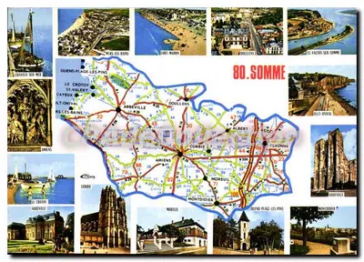 Somme — Carta turística com vista de Cravey-sur-Mer, Mers-les-Bains, Fort-Mahon, St-Valery-sur-Somme, Abbéville, Corbie, Montdidier — editor CIMCOLOR