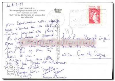 Cordes-sur-Ciel — ogólny widok — Wydrukowany we Francji — Rewers