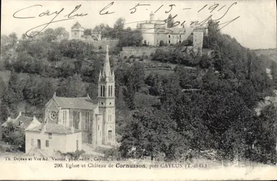 Igreja e Castelo de Cornusson, perto de CAYLUS (T.-et-G.) — Th. Déjean e Vve Ad. Vaissié, fot.-edit. — n° 200