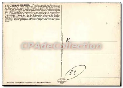 Tarn-et-Garonne — ilustrowana kartka pocztowa z mapą, ciekawostkami i produktami regionalnymi — wydawca Blondel, nr 82 — Rewers
