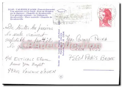 Valence d'Agen — vista aérea e locais — Sociedade das Cartas Postais APA-POUX — Verso