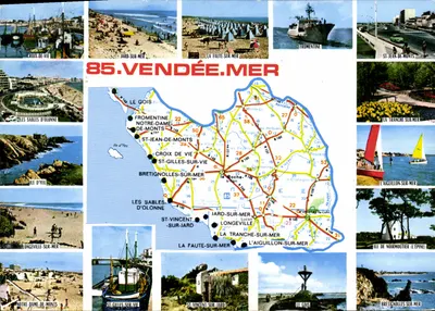 85. VENDÉE. MER — Carta postal turística com mapa rodoviário e fotos de locais — Impressor Combier