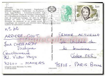 85. VENDÉE. MER — Carta postal turística com mapa rodoviário e fotos de locais — Impressor Combier — Verso