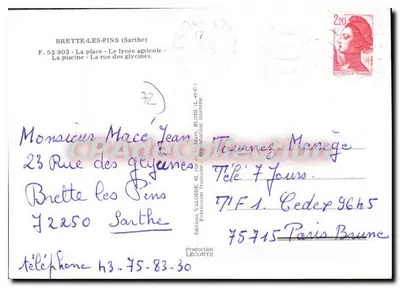 Brette-les-Pins — widok placu, basenu, ulicy i kościoła — Wydawnictwo Valoire & Cie — Rewers