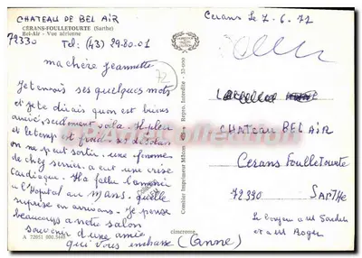 Zamek Bel Air — Cérans-Foulleure (Sarthe) — Widok z powietrza — Wydawca Comlier — Rewers