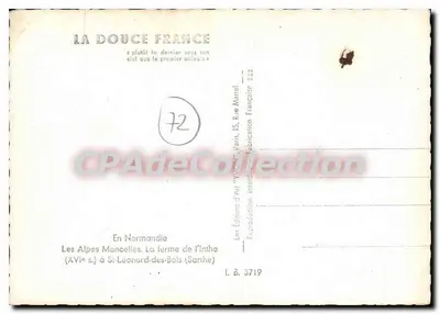 De Alpen Moncelles — De boerderij van l'Inthe (16e eeuw) in St-Leonard-des-Bois (Sarthe) — Les Éditions d'Art 'W. TAN', Parijs, 15, Rue Manuel — n° 3719 — Achterkant
