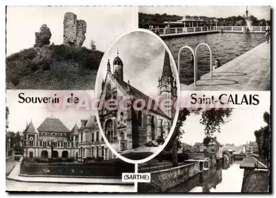 Saint-Calais — vista panorâmica com castelo, igreja, piscina e edifício público — CPAdeCollection
