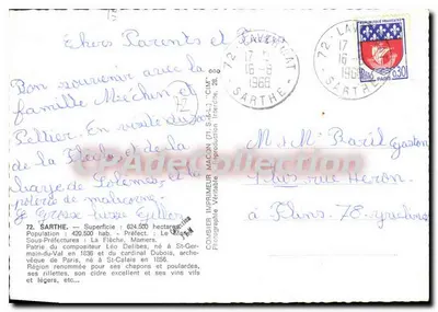 Sarthe — Carta postal turística com mapa e vistas — Impressor Combière, n°72 — Verso
