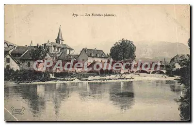 Les Échelles (Savoie) — vista do vilarejo e da igreja — C. Reynaud, editor, Chambéry, n° 879