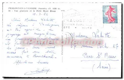 Pralognan-la-Vanoise — Vista geral e o Pequeno Mont Blanc — Bilhete postal antigo de Coleção — Verso