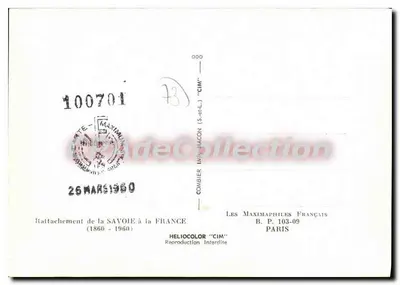 Anexação da Saboia à França — 1860-1960 — Héliocolor "CIM" — Verso